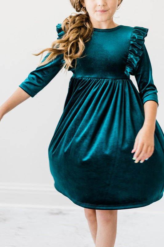 Teal Velvet Ruffle Twirl Dress - Mila & Rose ® - Flyclothing LLC