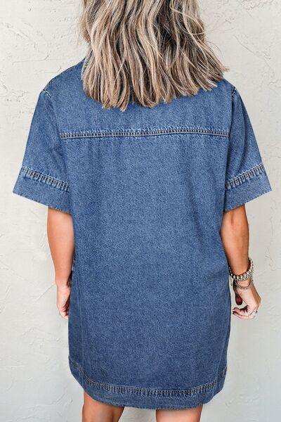 Short Sleeve Collared Patched Pocket Denim Mini Dress - Trendsi - Flyclothing LLC