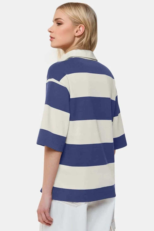 Oh Pima Cotton Wash Color Block Johnny Collar Half Sleeve Top - Trendsi - Flyclothing LLC