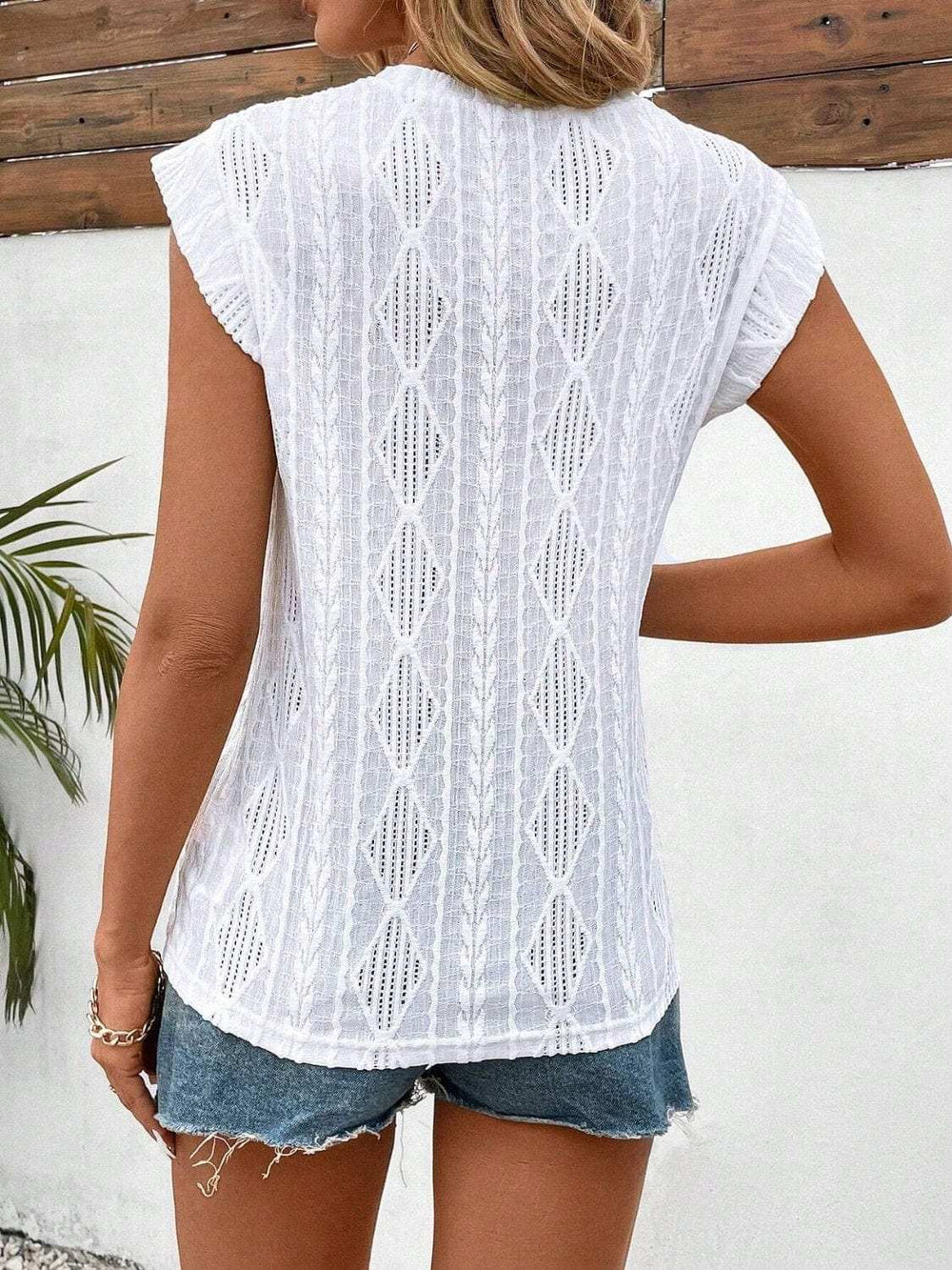 Openwork Round Neck Cap Sleeve Top - Trendsi - Flyclothing LLC