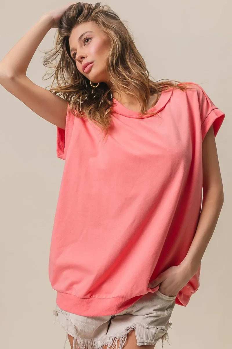 BiBi French Terry Drop Shoulder Basic Top - Trendsi - Flyclothing LLC