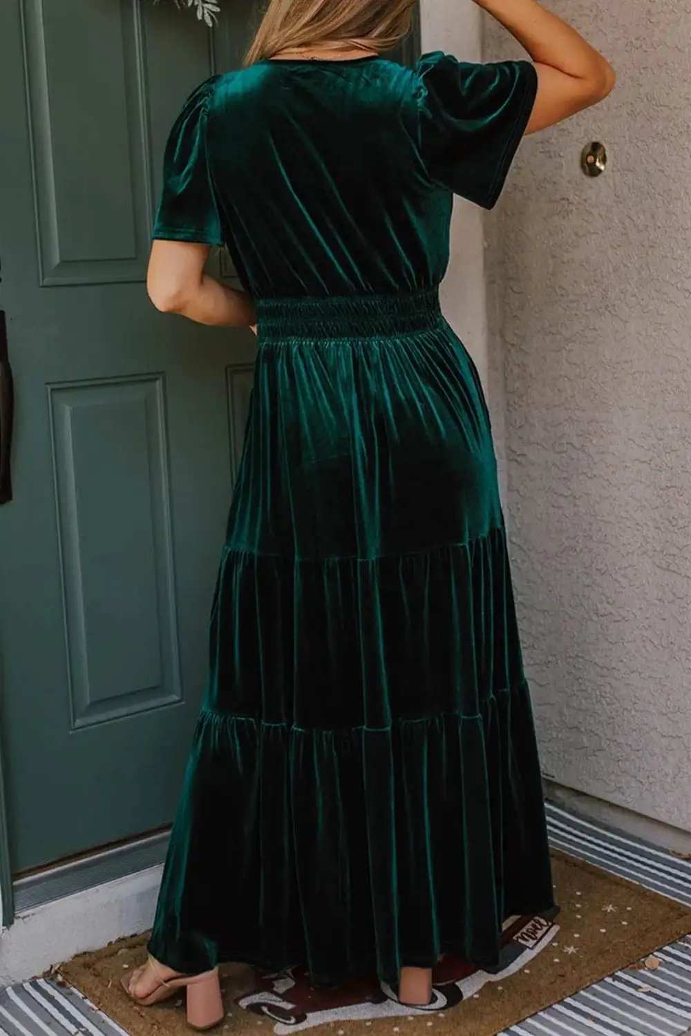 Tiered Notched Short Sleeve Dress with Pockets - Trendsi - Flyclothing LLC