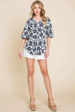 BOMBOM Floral Decorative Button V-Neck Top - Trendsi - Flyclothing LLC