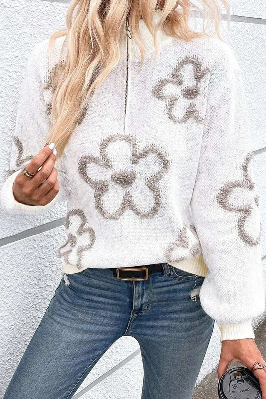 Flower Half Zip Dropped Shoulder Sweater - Trendsi - Flyclothing LLC