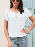 Ruched Decor Button V-Neck Short Sleeve Blouse - Trendsi - Flyclothing LLC