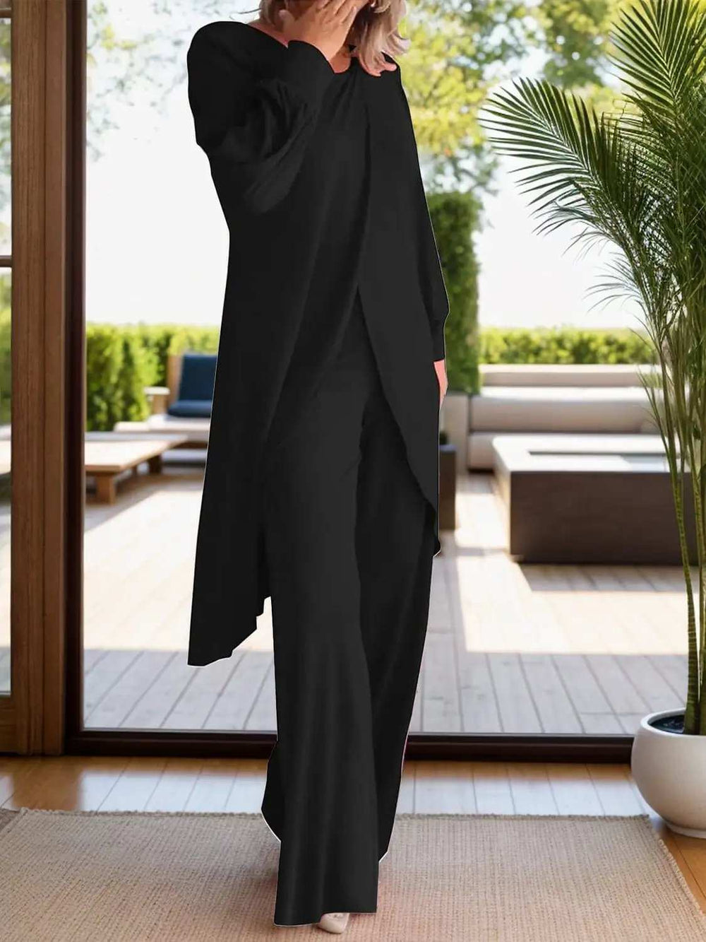 Full Size Slit Round Neck Long Sleeve Top and Pants Set - Trendsi - Flyclothing LLC