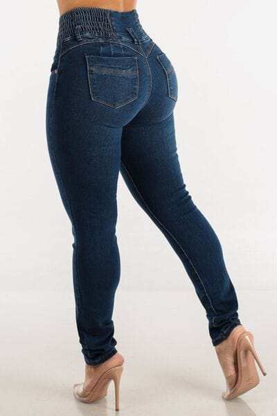 High Waist Buttoned Skinny Hip Lifting Jeans - Trendsi - Flyclothing LLC
