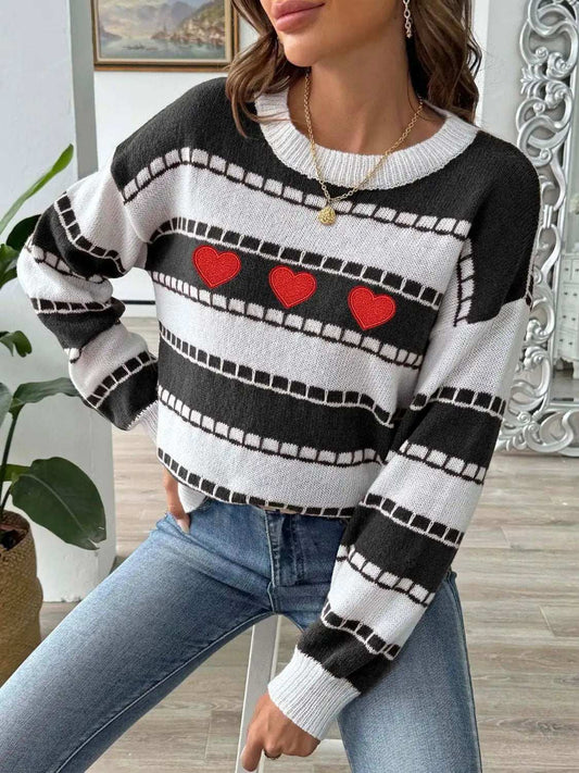 Heart Round Neck Long Sleeve Sweater - Trendsi - Flyclothing LLC
