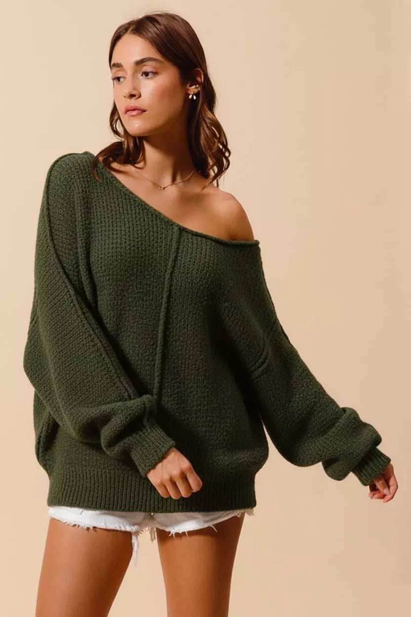 SO ME Loose Fit Exposed Seam Slouchy Boucle Sweater - Trendsi - Flyclothing LLC