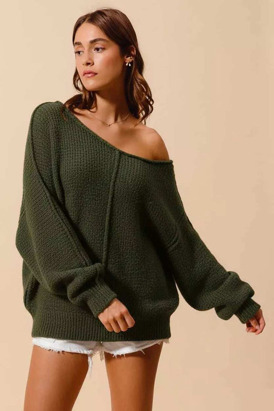 SO ME Loose Fit Exposed Seam Slouchy Boucle Sweater - Trendsi - Flyclothing LLC
