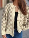 Checkered Button Up Round Neck Cardigan - Trendsi - Flyclothing LLC