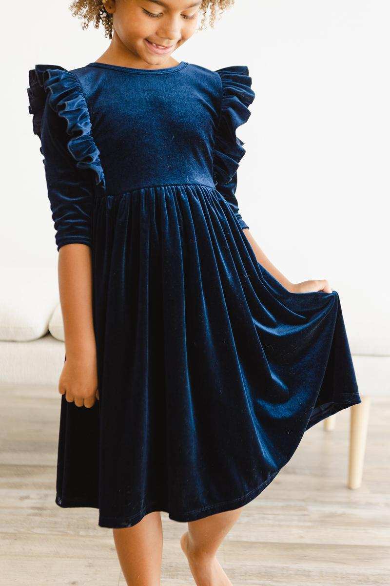 Navy Velvet Ruffle Twirl Dress - Mila & Rose ® - Flyclothing LLC