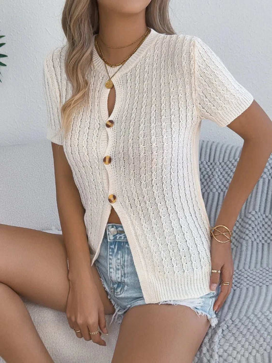 Cable Knit Button Down Short Sleeve Cardigan - Trendsi - Flyclothing LLC