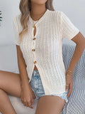 Cable Knit Button Down Short Sleeve Cardigan - Trendsi - Flyclothing LLC
