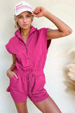 Textured Short Sleeve Half Zip Drawstring Waist Romper - Trendsi - Flyclothing LLC