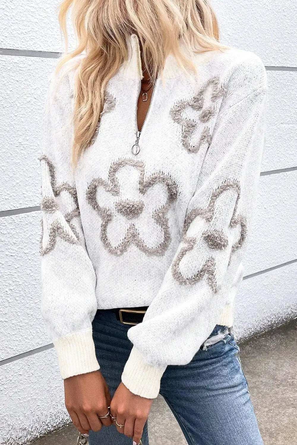 Flower Half Zip Dropped Shoulder Sweater - Trendsi - Flyclothing LLC