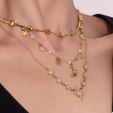 18K Gold-Plated Stainless Steel Zircon Star Moon Necklace - Trendsi - Flyclothing LLC