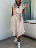 Striped Tie Waist Short Sleeve Dress - Trendsi - Flyclothing LLC