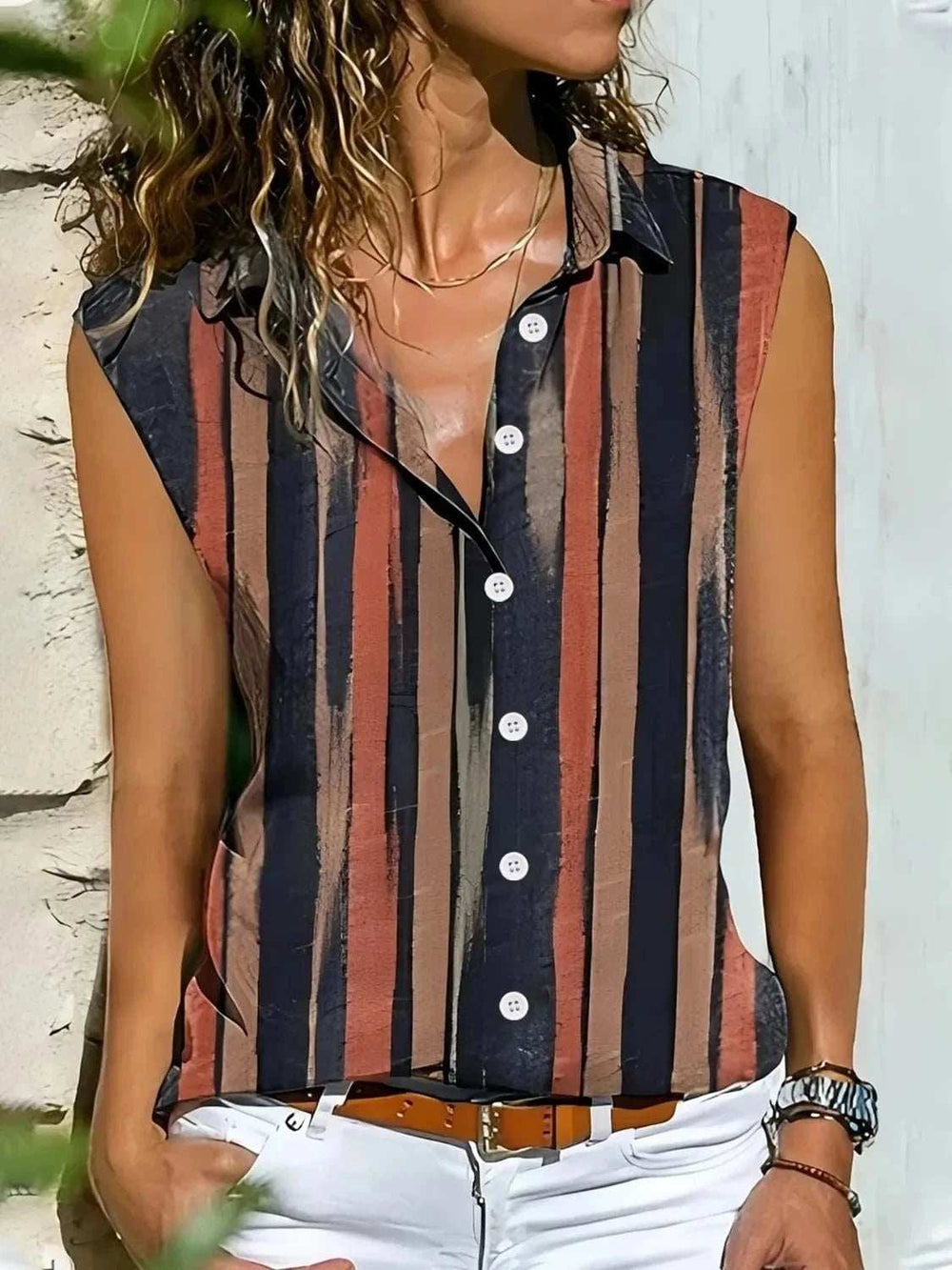 Button Detail Striped Sleeveless Shirt - Trendsi - Flyclothing LLC