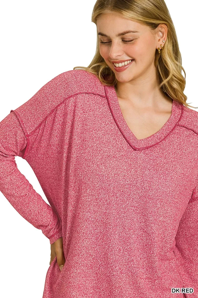 Zenana Soft Melange Hacci Exposed Seam Hi-low Tee - Trendsi - Flyclothing LLC