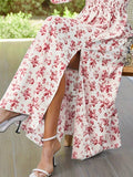 Slit Smocked Floral Square Neck Balloon Sleeve Midi Dress - Trendsi - Flyclothing LLC