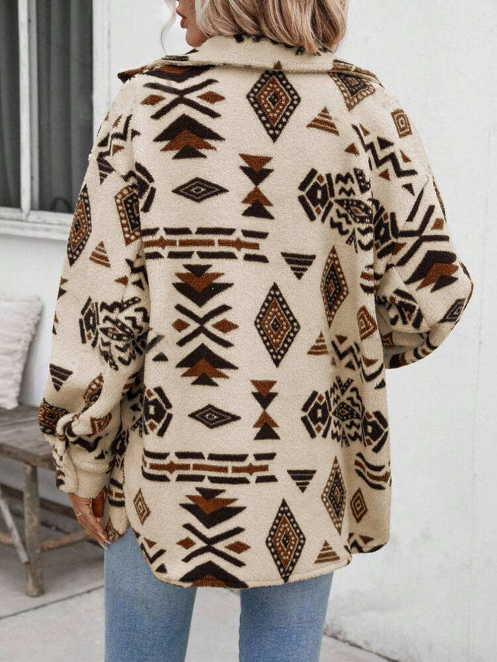 Geometric Button Up Dropped Shoulder Jacket - Trendsi - Flyclothing LLC