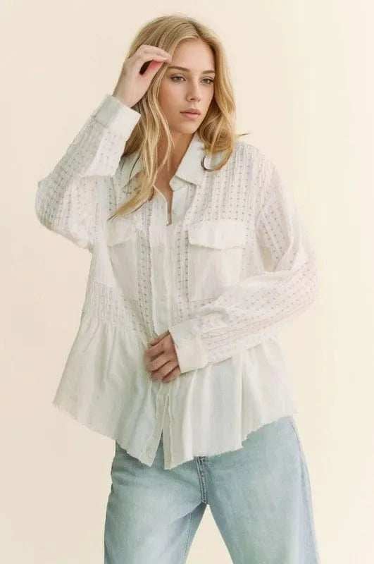 Davi & Dani Garment Washed Jacquard Button Front Shirt - Trendsi - Flyclothing LLC