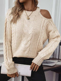 Cable Knit Round Neck Cold Shoulder Sweater - Trendsi - Flyclothing LLC