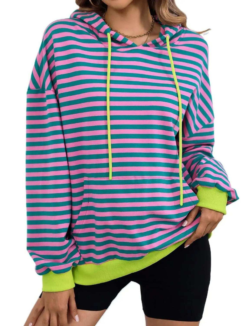 Drawstring Striped Long Sleeve Hoodie - Trendsi - Flyclothing LLC