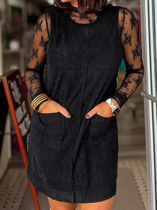 Corduroy Sleeveless Mini Dress with Patched Pockets - Trendsi - Flyclothing LLC