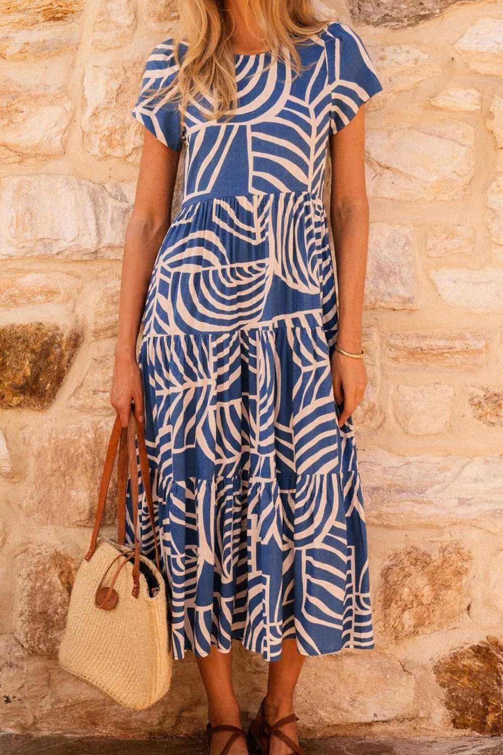 Tiered Printed Round Neck Short Sleeve Dress - Trendsi - Flyclothing LLC