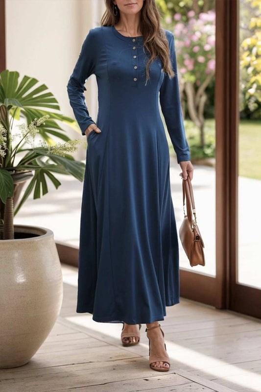 Round Neck Long Sleeve Maxi Dress with Pockets - Trendsi - Flyclothing LLC