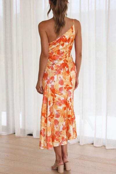 Ruched Printed Single Shoulder Midi Dress - Trendsi - Flyclothing LLC