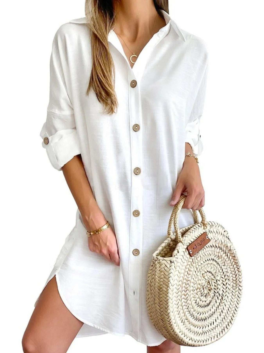 Button Down Long Sleeve Shirt Dress - Trendsi - Flyclothing LLC