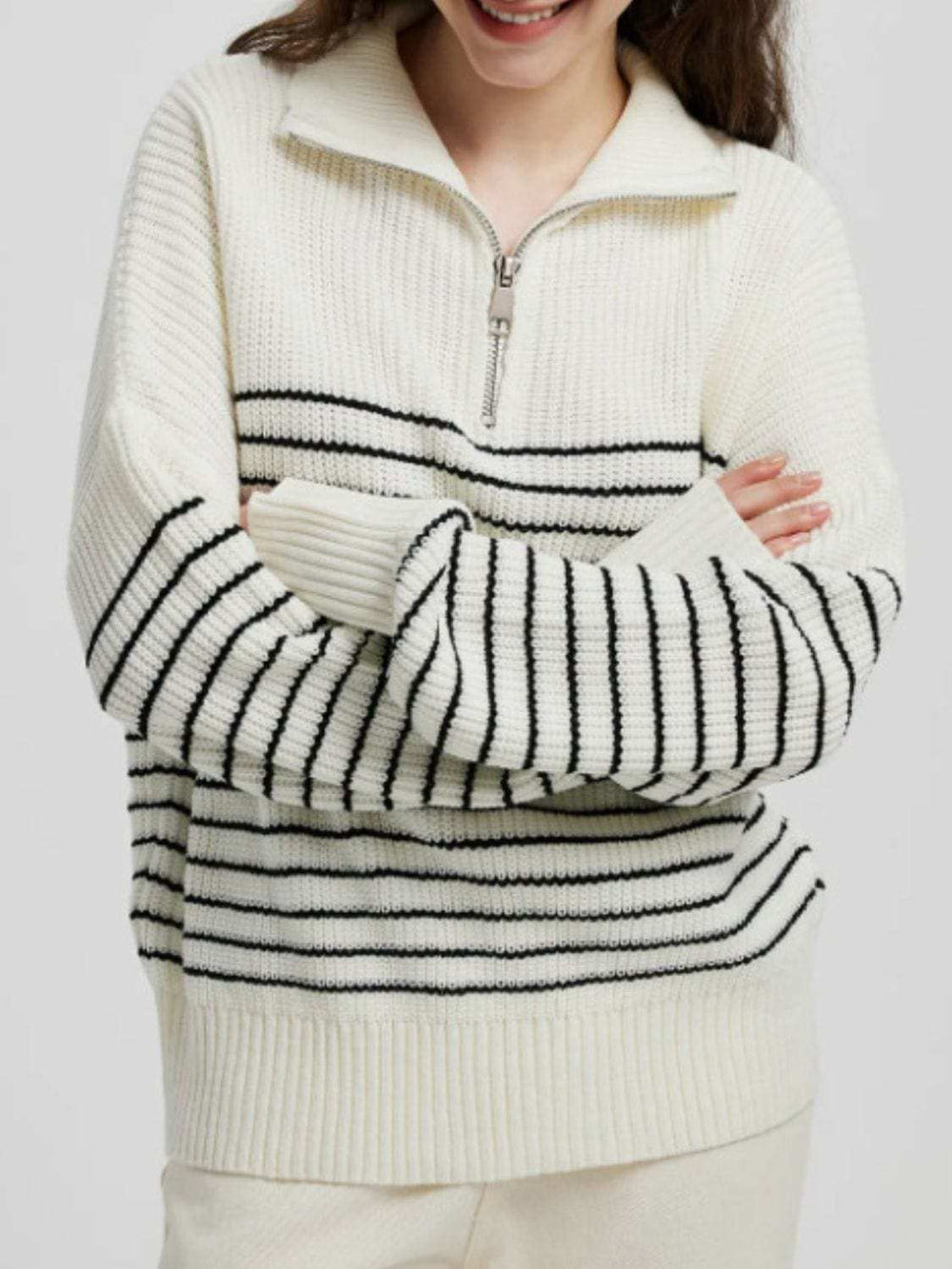Striped Half Zip Long Sleeve Sweater - Trendsi - Flyclothing LLC