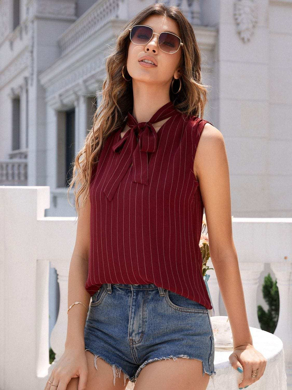 Striped Tie Neck Tank - Trendsi - Flyclothing LLC