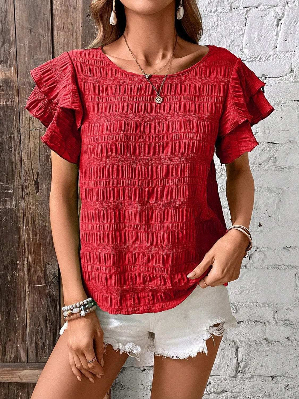 Round Neck Flounce Sleeve Blouse - Trendsi - Flyclothing LLC