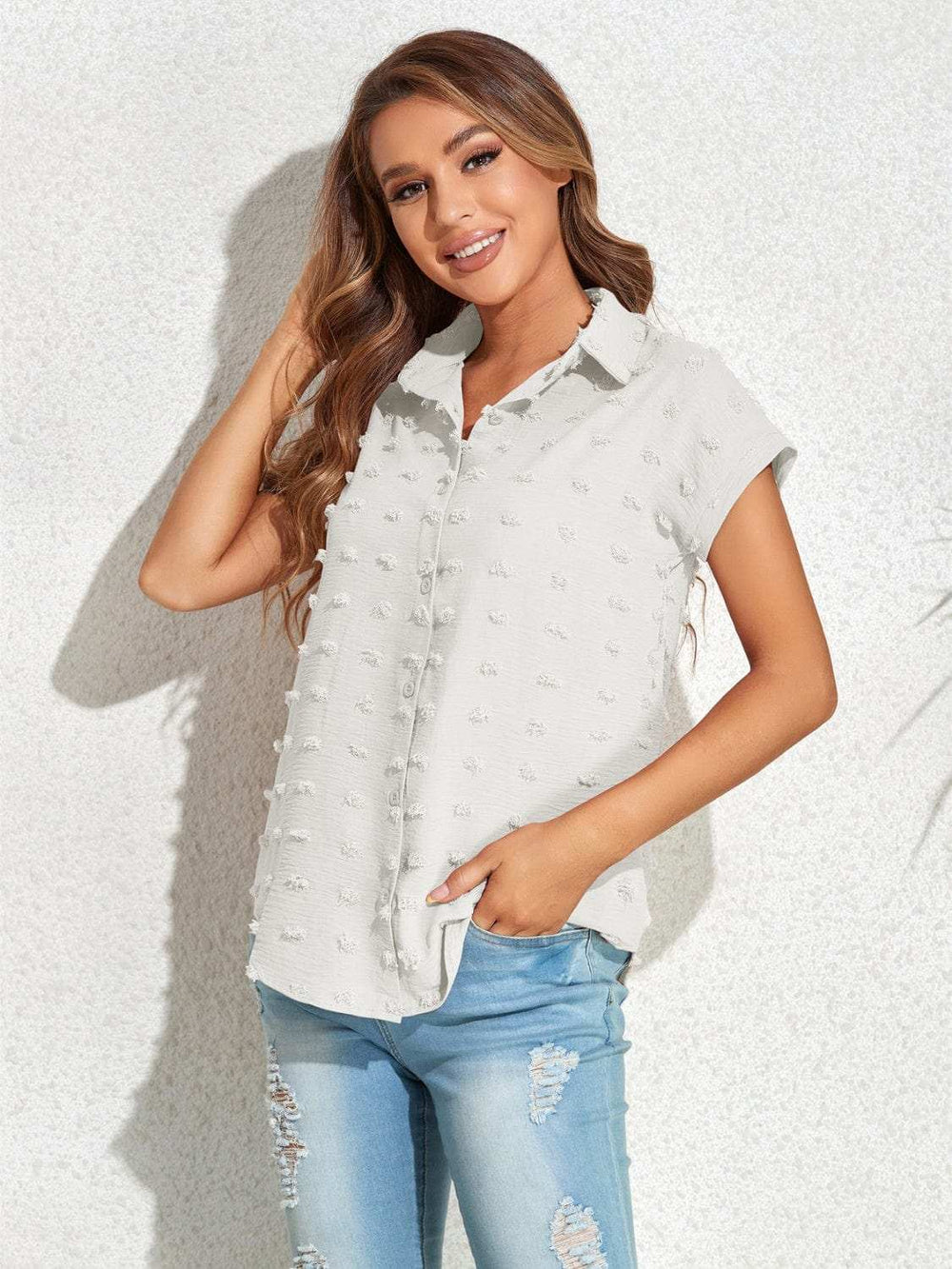 Swiss Dot Button Up Cap Sleeve Shirt - Trendsi - Flyclothing LLC