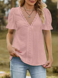Lace Trim V-Neck Puff Sleeve Blouse - Trendsi - Flyclothing LLC