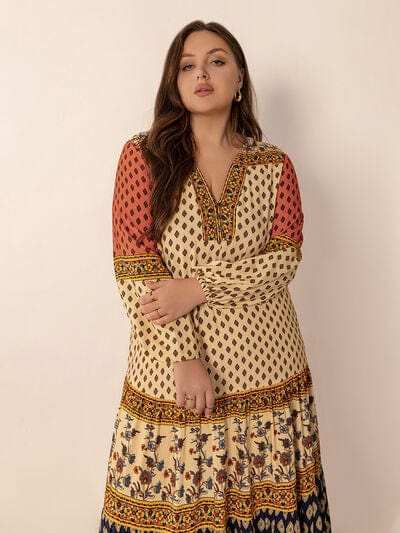 Plus Size Printed V-Neck Long Sleeve Maxi Dress - Trendsi - Flyclothing LLC