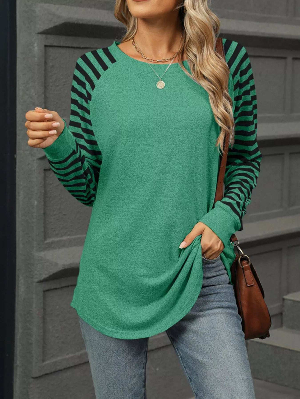 Striped Round Neck Raglan Sleeve T-Shirt - Trendsi - Flyclothing LLC