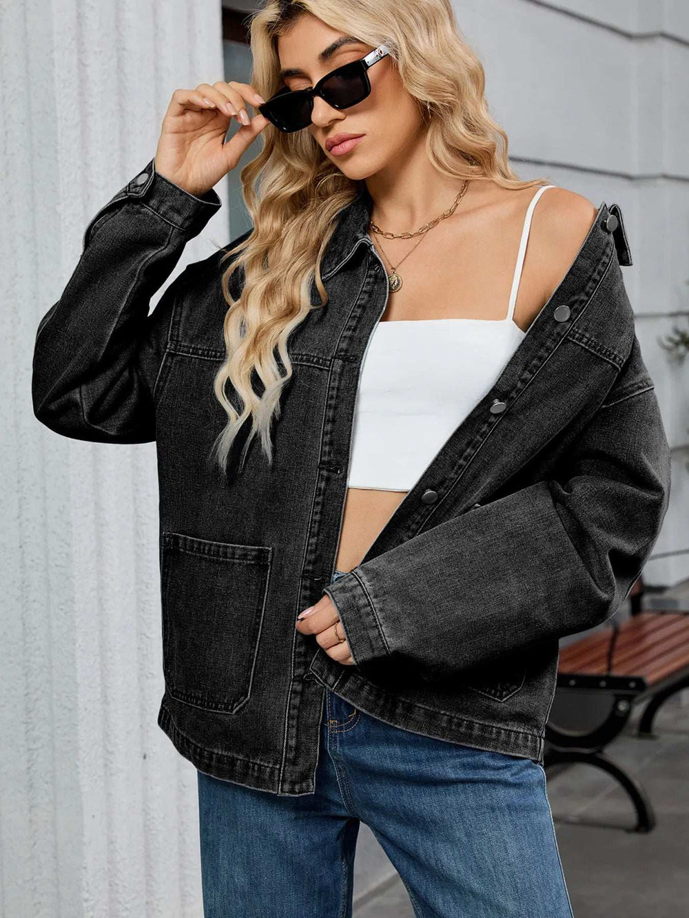 Washed Oversized Button Down Denim Jacket - Trendsi - Flyclothing LLC