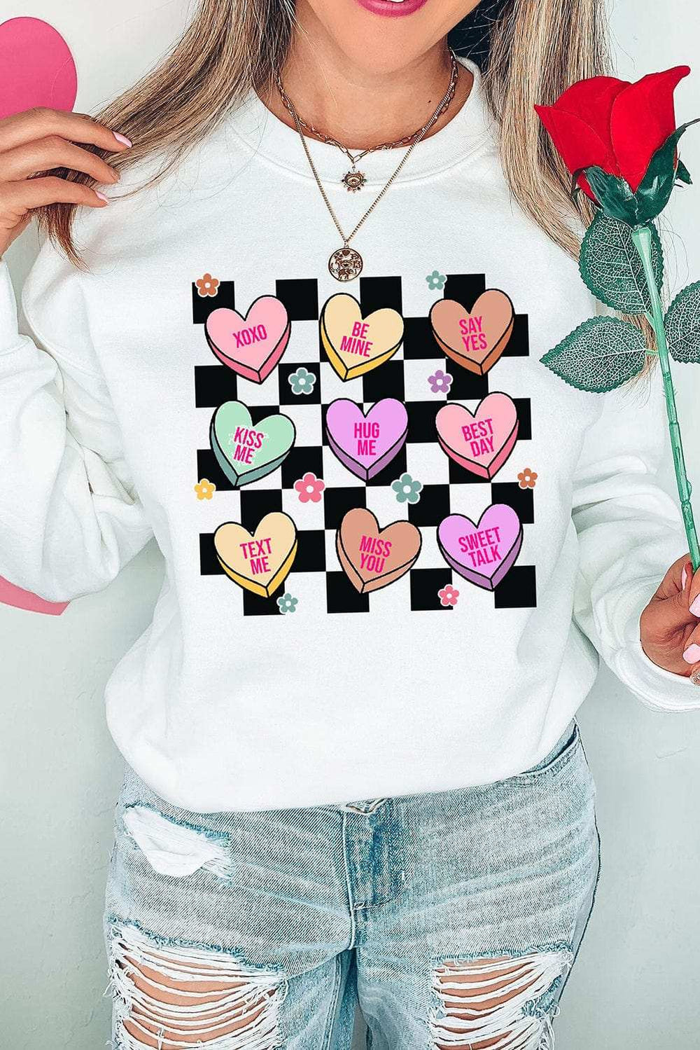 Valentine's Day Checkered Heart Long Sleeve Sweatshirt - Trendsi - Flyclothing LLC