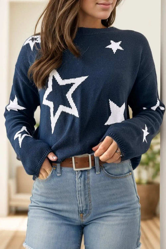 Star Round Neck Long Sleeve Sweater - Trendsi - Flyclothing LLC