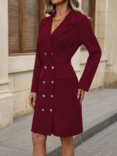 Double-Breasted Lapel Collar Long Sleeve Dress - Trendsi - Flyclothing LLC