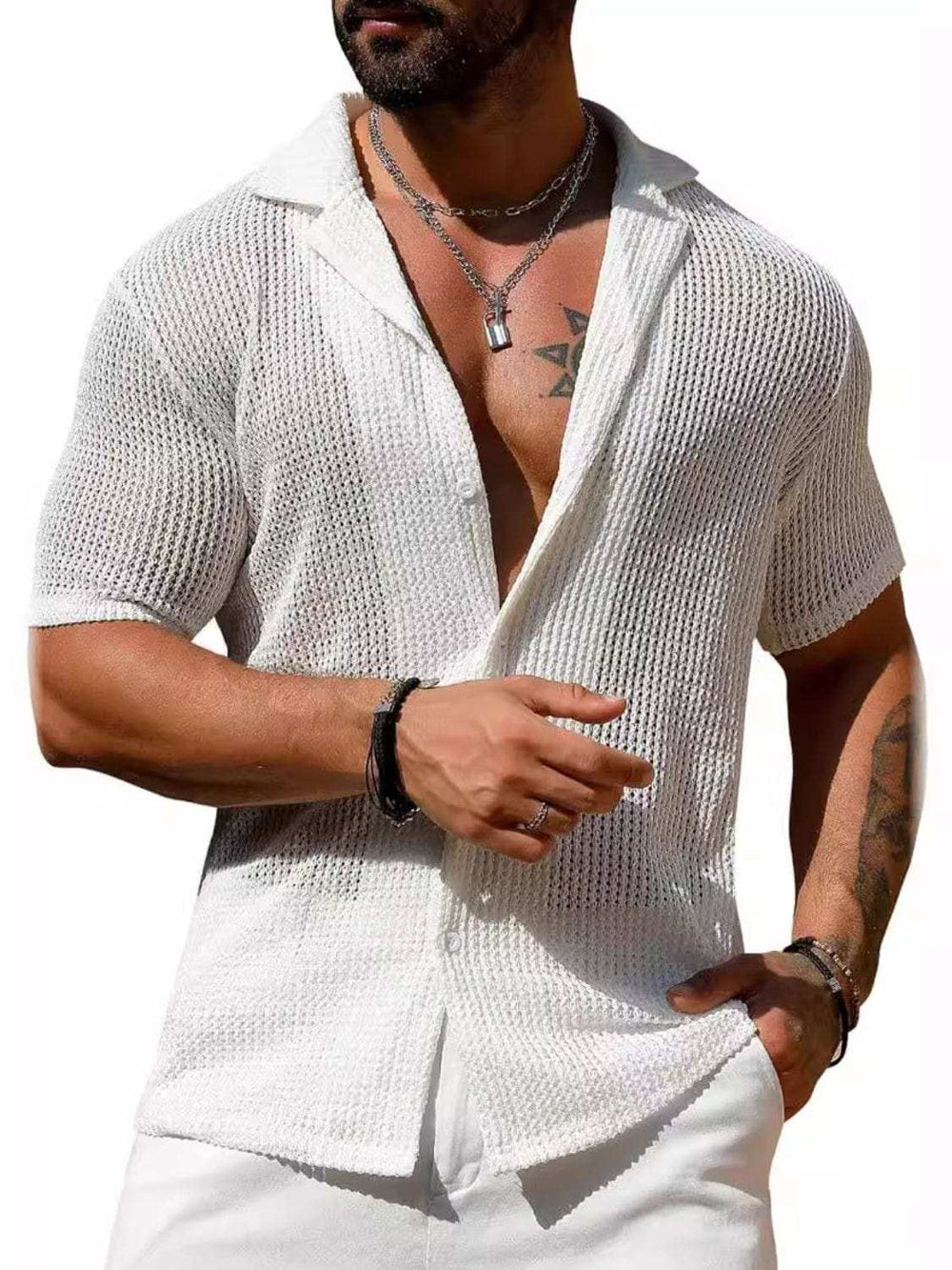 Men's Full Size Openwork Button Down Short Sleeve Shirt Plus Size - Trendsi - Flyclothing LLC