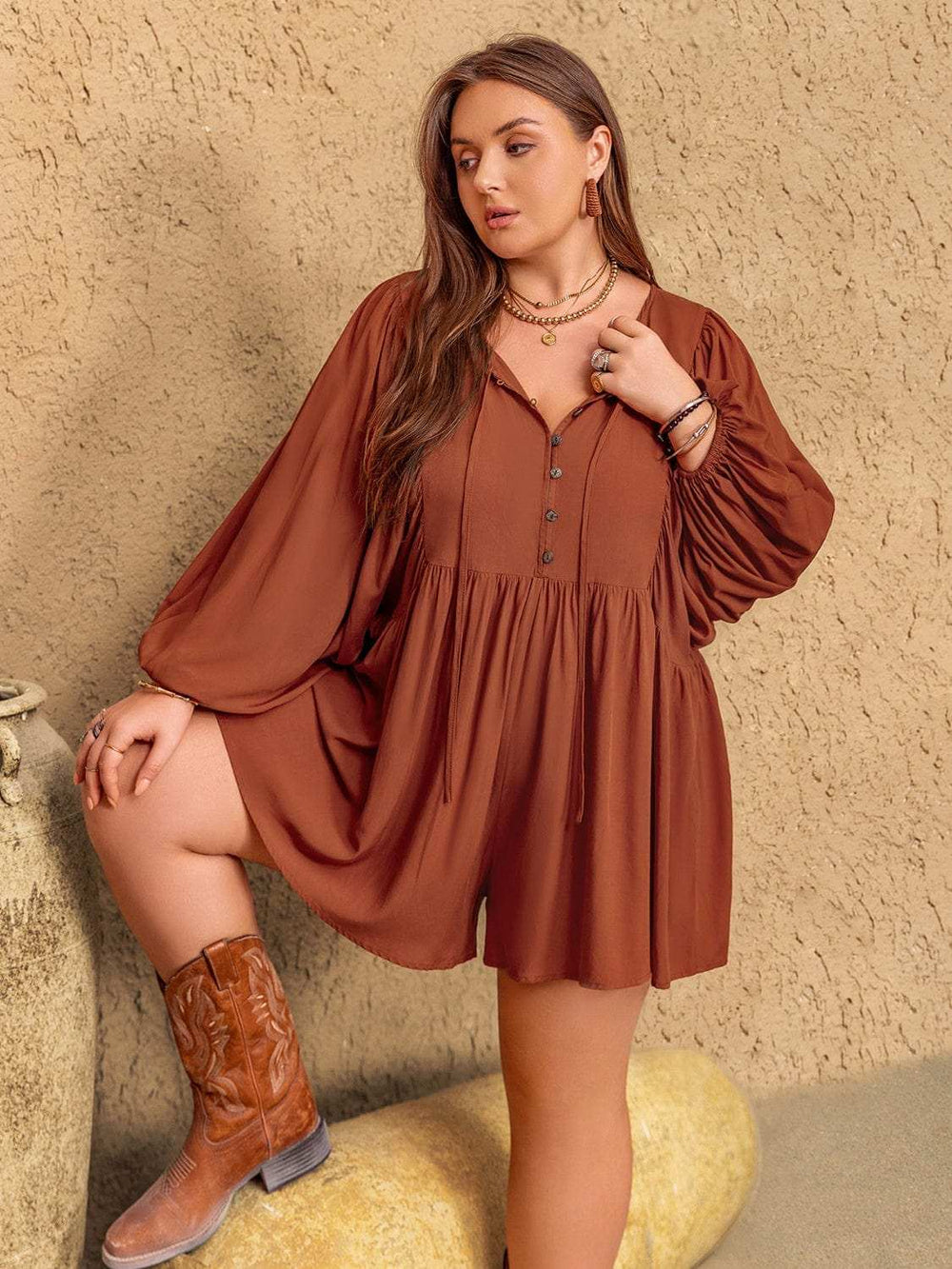 Plus Size Ruched Tie Neck Balloon Sleeve Romper - Trendsi - Flyclothing LLC
