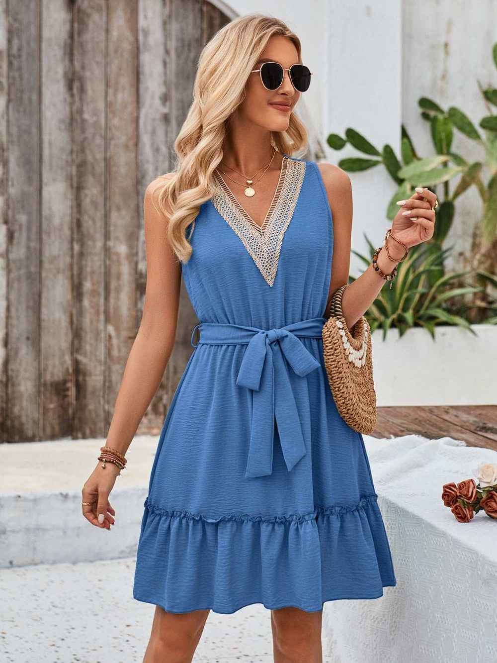 Tied Frill Sleeveless Mini Dress - Trendsi - Flyclothing LLC