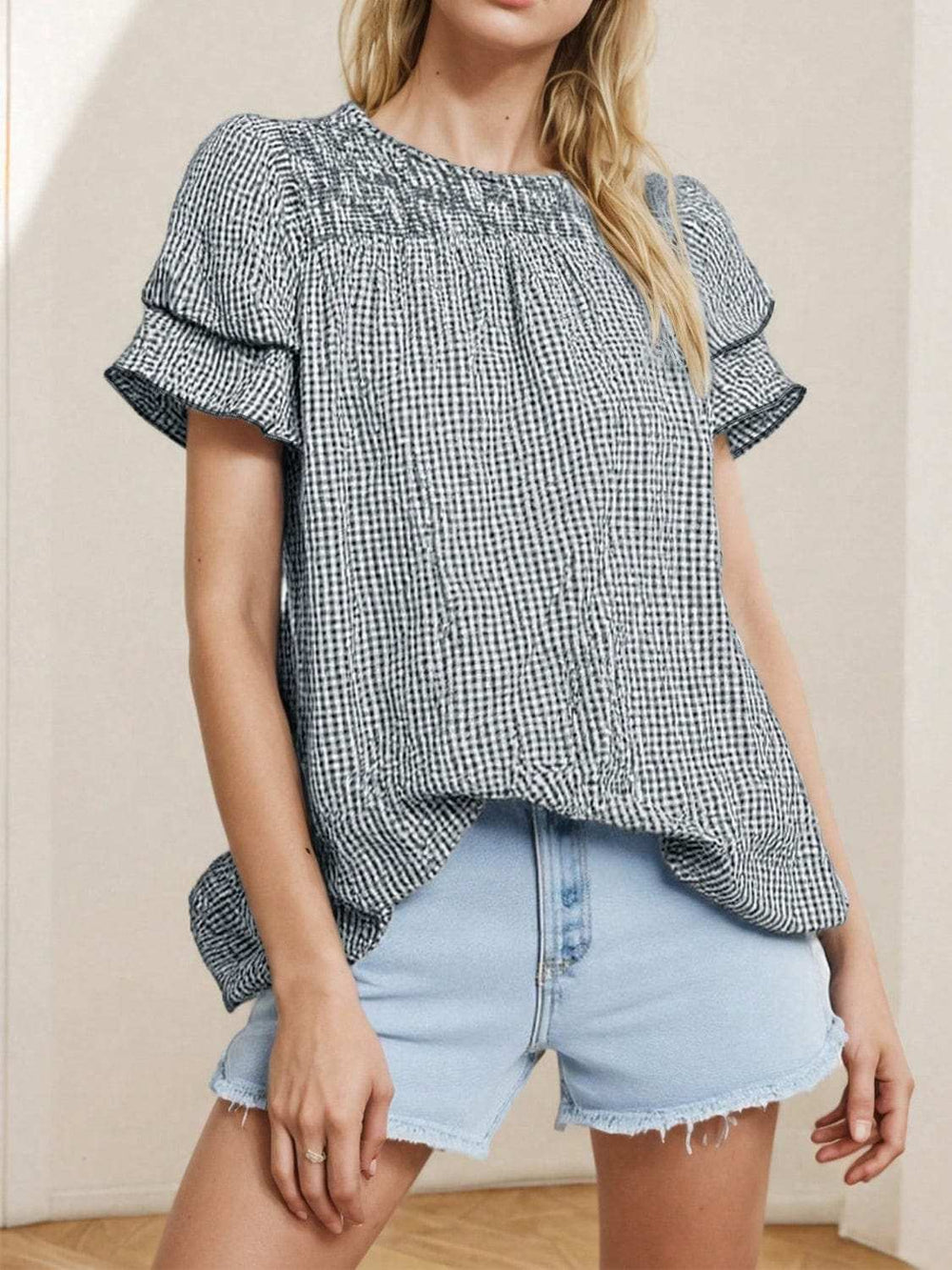 Smocked Plaid Round Neck Layered Short Sleeve Blouse - Trendsi - Flyclothing LLC