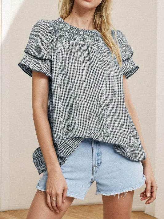 Smocked Plaid Round Neck Layered Short Sleeve Blouse - Trendsi - Flyclothing LLC